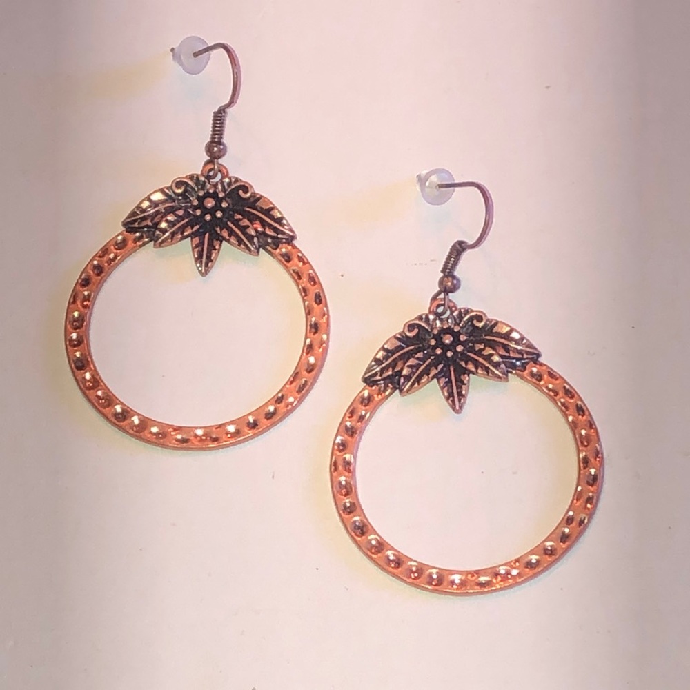 Copper Tone Boho Hoop Earrings with Leaf Accent
